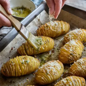 Hotové zemiakové vejáriky posypané parmezánom a petržlenovou vňaťou.