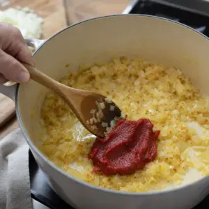 Do cibuľového základu s paradajkovým pretlakom a paprikou sa prilieva horúca voda.