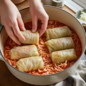 Kapustné závitky ležia tesne vedľa seba v omáčke, ktorá siaha približne do polovice ich výšky.