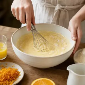 Jemne nastrúhaná pomarančová kôra sa vmiešava do hladkého palacinkového cesta.