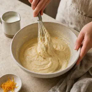 Odpočinuté palacinkové cesto steká z naberačky späť do misy.