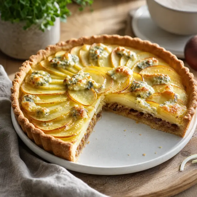Slaný tart s karamelizovanou cibuľou a zemiakmi: vrstvený obed z tartovej formy