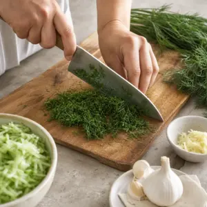 Čerstvý kôpor sa krája nadrobno na kuchynskej doske.