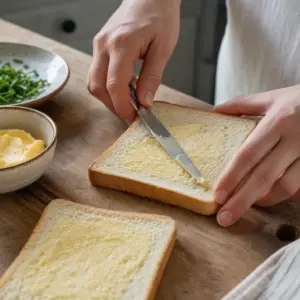 Plnenie opečeného toastu vajíčkovým šalátom.