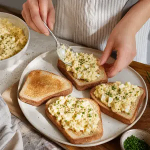 Hotový vajíčkový toast prekrojený na trojuholníky a pripravený na podávanie.