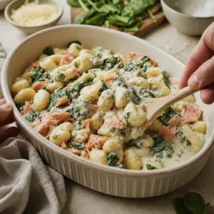Misa hotových gnocchi s údeným lososom, špenátom, kôprom a citrónovým dokončením.