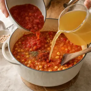 Údená paprika a oregano sa vmiešavajú do základu mimo ohňa pred pridaním paradajok a vývaru.