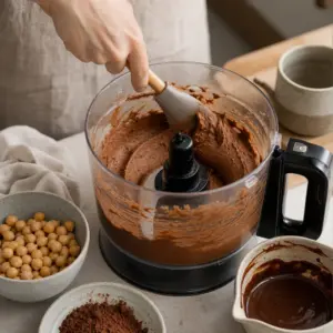 Cícerová zmes s vajcami, cukrom a kávou sa mixuje dohladka.