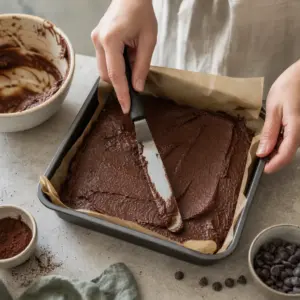 Husté cesto na cícerové brownies sa rozotiera do pripravenej formy.
