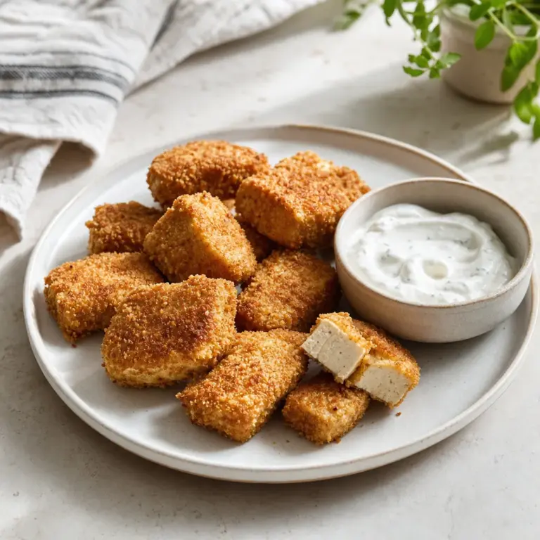 Cesnakový dip podávajte zvlášť: pečené tofu nugetky zostanú chrumkavé