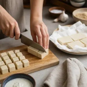 Osušené pevné tofu nakrájané na podobne veľké kúsky na doske.