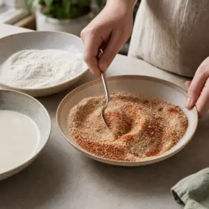 Tri misky na obaľovanie tofu s múkou, sójovým nápojom a ochutenou strúhankou.