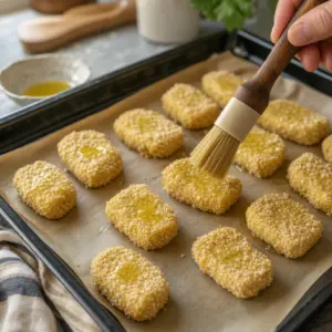 Tofu nugetky na plechu potierané olejom pred pečením v rúre.