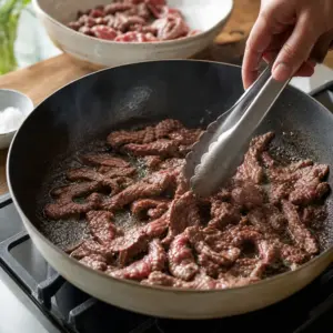 Tenké hovädzie rezančeky sa krátko opekajú po dávkach v horúcej panvici.