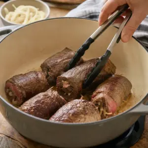 Hovädzie závitky sa pomaly dusia prikryté v cibuľovej omáčke.