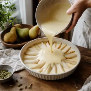 Upečený hruškový clafoutis sa kontroluje špajľou v ceste mimo ovocia.