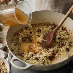 Ryža arborio sa krátko opeká s cibuľou a podlieva horúcim vývarom.