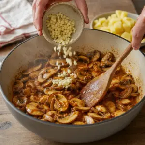 Sladká mletá paprika sa vmiešava do húb v odstavenom hrnci.