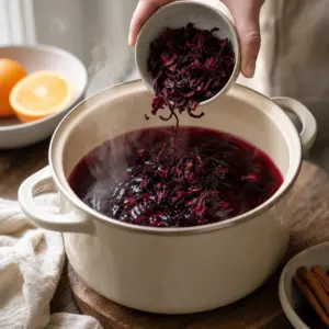 Sušený ibištek sa lúhuje pod pokrievkou v horúcej vode mimo ohňa.