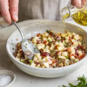 Hotová čerstvá jablková salsa s hroznom podávaná ako príloha.