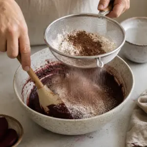 Špajľa vytvára plytké svetlé tahini pruhy na kakaovo-cviklovom ceste.