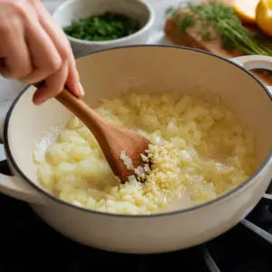 Cibuľa mäkne na masle v hrnci a pridáva sa k nej nasekaný cesnak.