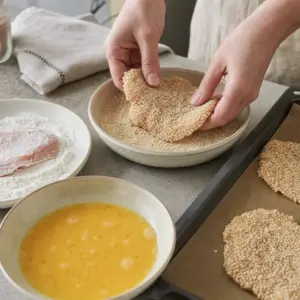 Zlatisté sezamové kuracie rezne sa obracajú na plechu počas pečenia.