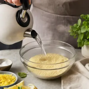 Instantný kuskus zaliaty horúcou vodou v tepelne odolnej mise.