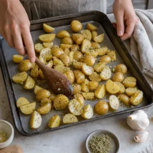 Ochutené zemiaky rozložené na väčšom plechu v jednej vrstve.