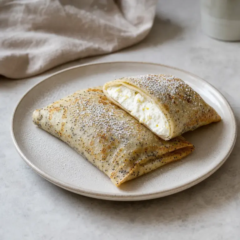 Osem makových palacinkových taštičiek: vo vnútri krémový tvaroh, navrchu jemne zapečené okraje