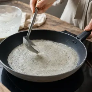 Ohybná maková palacinka sa obracia na panvici, keď jej povrch zaschne.