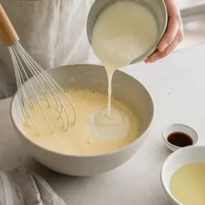 Do vyšľahaných vajec s cukrom sa vmiešava biely jogurt a olej.