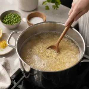 Orzo sa varí v osolenej vode a premiešava vareškou.