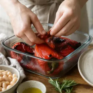 Upečená paprika sa zaparuje v miske a jej uvoľnená šupka sa sťahuje.
