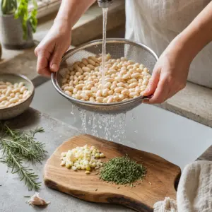 Prepláchnutá biela fazuľa, nasekaný rozmarín a cesnak pripravené na mixovanie.
