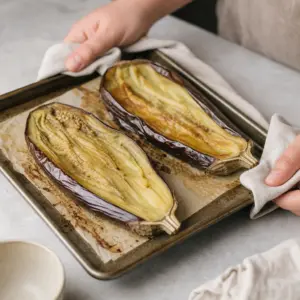 Mäkká dužina sa lyžicou vydlabáva z upečeného baklažánu do sitka.