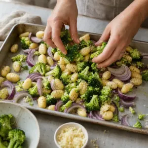 Mäkké kopčeky ricotty ukladané medzi upečené gnocchi a brokolicu.