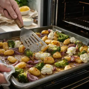 Pečené gnocchi s brokolicou po dochutení citrónovou kôrou a šťavou.