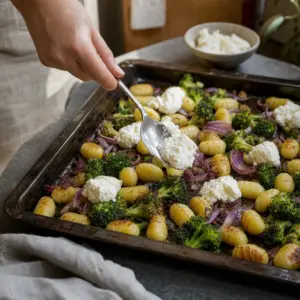 Porcia pečených gnocchi s brokolicou, ricottou a citrónom na tanieri.