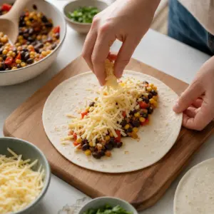 Quesadilly sa na plechu obracajú, aby sa opiekli z oboch strán.