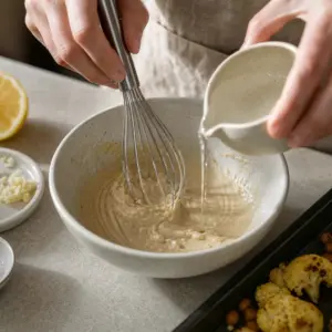 Hustá tahini-citrónová omáčka sa metličkou mieša so studenou vodou.