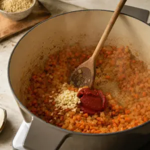Cibuľa, mrkva, cesnak a paradajkový pretlak sa opekajú v hrnci na základ ragú.