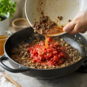 Hovädzie ragú s paradajkami sa pomaly dusí v prikrytom hrnci.