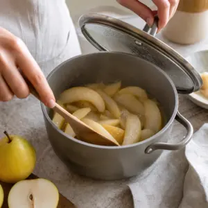 Mäkké hrušky sa ponorným mixérom menia na hladké pyré s citrónovou šťavou a kôrou.