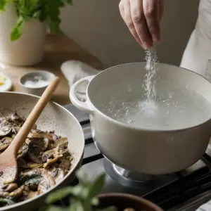 Hladká polenta sa mieša vareškou v hrnci na miernom ohni.