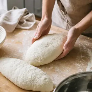Dva podkysnuté bochníky knedle vedľa hrnca s naparovacou vložkou.