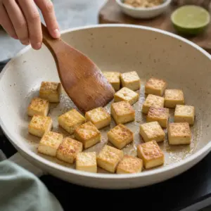 Kocky pevného tofu sa opekajú v jednej vrstve na širokej panvici dozlatista.