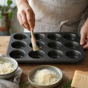 Kovová muffinová forma sa potiera olejom a vedľa sú pripravené nastrúhaný parmezán a nakrájaná pažítka.