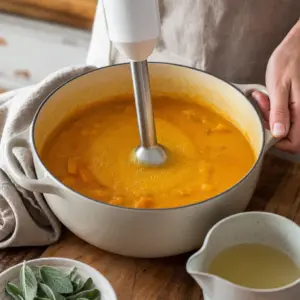 Ponorný mixér mixuje uvarenú tekvicu na hladký oranžový krém.