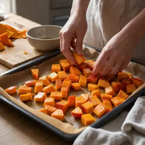Kúsky tekvice Hokkaido rozložené na plechu pred pečením.